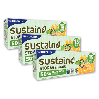 3x 15pc Hercules Sustain Plant Based Resealable Storage Bags 