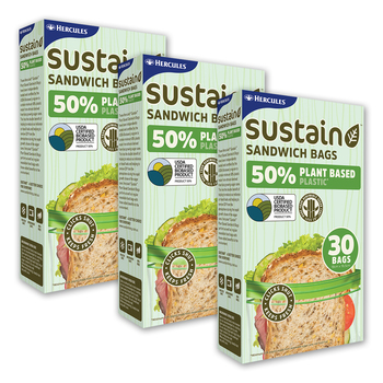 3x 30pc Hercules Sustain Plant Based Resealable Sandwich Bags