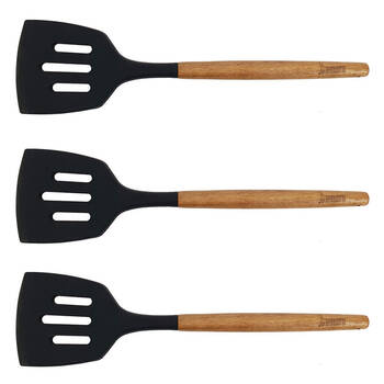 3PK Bialetti St. Clare Black Silicone Slotted Lifter Acacia Handle