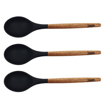 3PK Bialetti St. Clare Black Silicone Solid Spoon w/ Acacia Handle 31cm