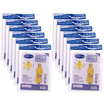 12PK SwissCare Reusable Windproof Hooded Rain Coat Jacket Adult's Yellow