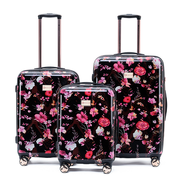 3pc Tosca Bloom 20" Carry On 25/29" Trolley Case Set - Black/Pink