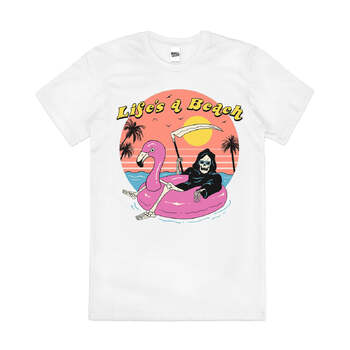 Life's a Beach Funny Grim Reaper Slogan Cotton T-Shirt White Size 2XL