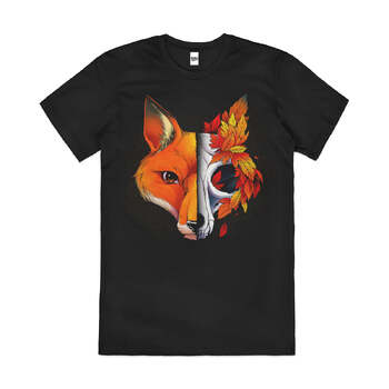 Autumn Fox Leaf Season Nature Artsy Cotton T-Shirt Black Size 3XL