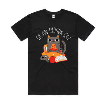 Indoor Cat Funny Reading Book Slogan Cotton T-Shirt Black Size 4XL