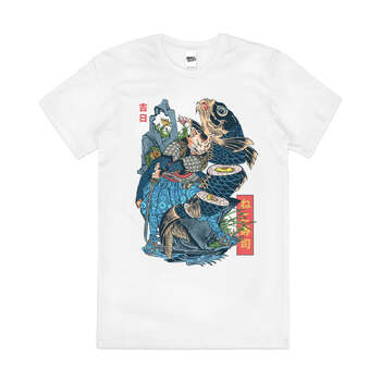 Neko Fish Sushi Japanese Cat Animal Artsy Cotton T-Shirt White Size M