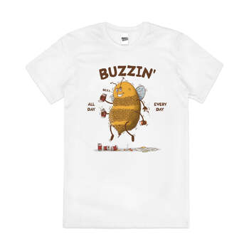 Buzzin Drunk Bee Beer Insect Party Fun Cotton T-Shirt White Size M