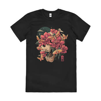 Blossom in Grave Skull Flowers Artistic Cotton T-Shirt Black Size S