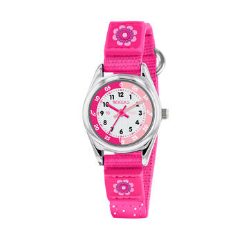 Tikkers Time Teacher Flower Canvas Watch w/ Silicone Straps - Bright Pink