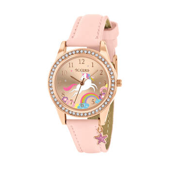 Tikkers Charm Collection Unicorn Gold Dial Watch w/ Leather Straps - Pink