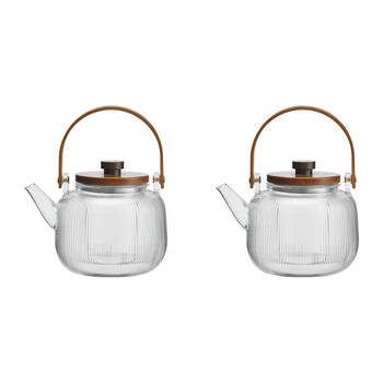2PK NF Living 850ml Ginny Glass Teapot Modern Design Wood Kitchenware Clear
