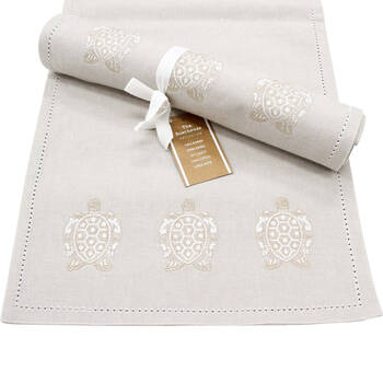 LVD Stonewashed Chambray Cotton Embroidered Turtles Table Runner 35x160cm Beige