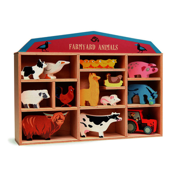 13pc Tender Leaf Toys 36cm Farmyard Animal Wooden Toy Set w/ Shelf Kids 3y+
