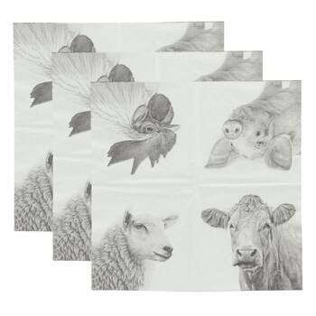 3PK Esschert Design Paper 3-ply Napkin Large Farm Animals Black/White