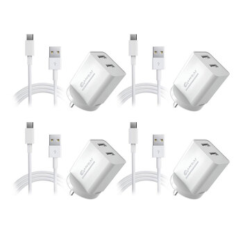 4x Dual USB Wall Charger w/USB C Charging Cable White