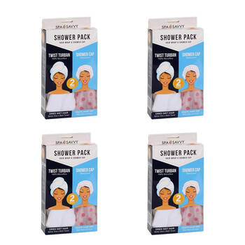 4x 2pc Spa Savvy Twist Turban Hair Wrap & Waterproof Shower Cap Pack 2-in-1