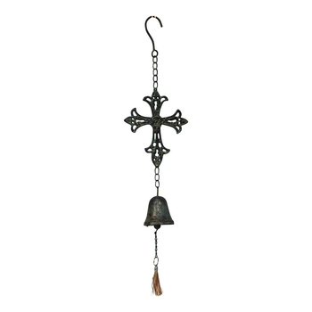 LVD Hanging 55cm Metal Cross Bell Garden Ornament - Black