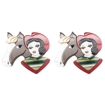2PK Urban Resin Iris Horsey Girl Brooch Pin Clip Women's Accessory Red