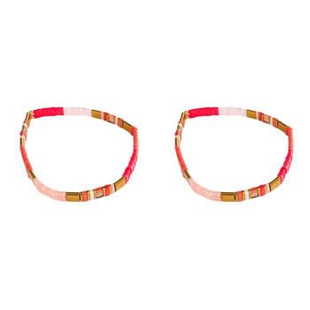 2PK Urban Acrylic Journey Stretch Bracelet Women's Jewellery 16cm Red/Pink