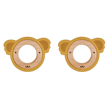 2x Urban Koala 8.5cm Silicone/Wood Teether Ring - Mustard & Natural