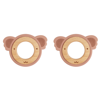 2x Urban Koala 8.5cm Silicone/Wood Teether Ring - Pink & Natural