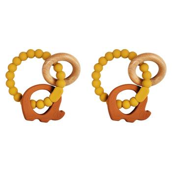 2x Urban Elephant 14cm Silicone Teether Ring Baby Toy - Mustard/Rust & Natural