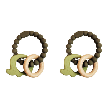 2x Urban Elephant 14cm Silicone Teether Ring Baby Toy - Green & Natural