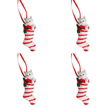 4PK Urban Cat in Stocking Hanging Decoration 9cm Red/White Assorted