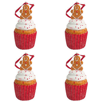 4x Urban Gingerbread Cupcakes Hanging Decoration 8cm Red/White Assorted