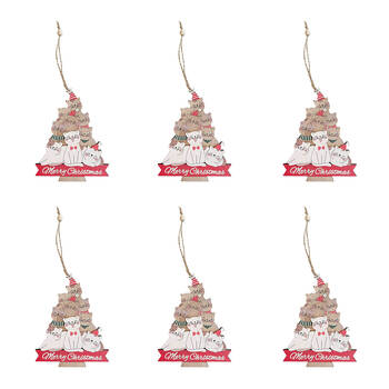 6PK Urban Wooden Leo Cats Tree Hanging Christmas Decoration 15cm Red/Green