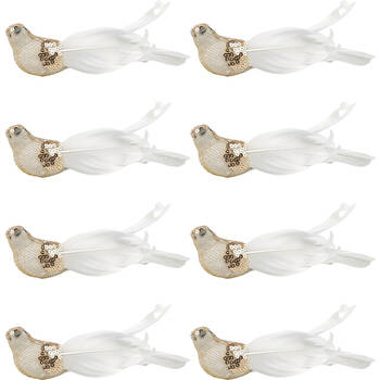 8PK Urban Elegant Bird Feather Clip Christmas Decoration 16cm White/Gold