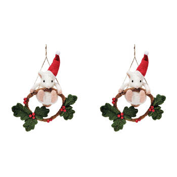 2PK Urban Snowy Christmas Mouse Swinging Wreath Hanging Decor 21cm White/Brown
