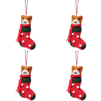 4PK Urban Christmas Cats in Stocking Hanging Decoration 13cm Red Assorted
