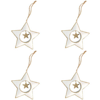4PK Urban Metal Hanging Decoration With Glitter Stars 9.5cm White/Gold Assorted