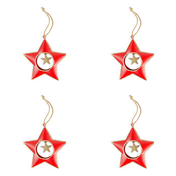 4PK Urban Metal Hanging Decoration With Glitter Stars 9.5cm Red/Gold Assorted
