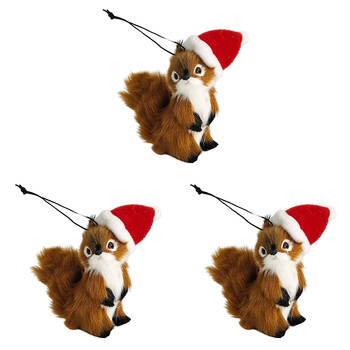 3PK Urban Squirrel with Hat Hanging Christmas Decoration 12cm Brown
