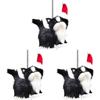 3PK Urban Cat with Christmas Hat Hanging Tree Decoration 9cm Black