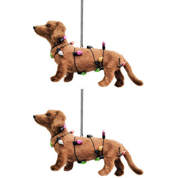 2PK Urban Sausage Dog With Lights Hanging Christmas Decoration 14cm Brown