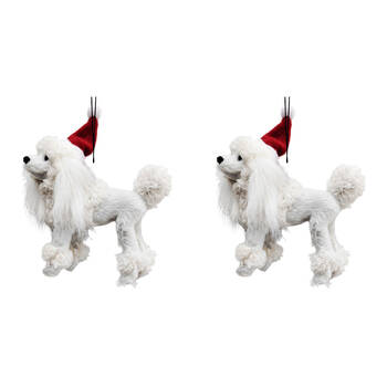 2PK Urban Poodle with Christmas Hat Hanging Decoration 11cm White