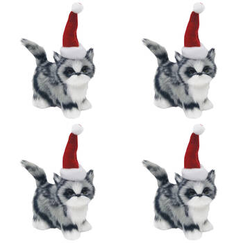 4PK Urban Furry Cat Hanging Christmas Tree Decoration 7cm White/Grey