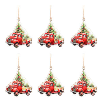 6PK Urban Truck with Christmas Trees Hanging Decoration 10cm Red/Green