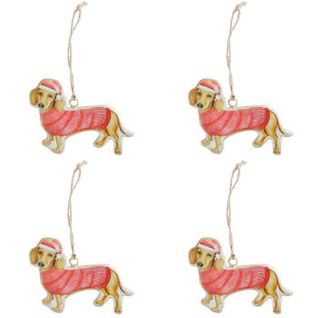 4PK Urban Christmas Sausage Dogs Metal Hanging Decor 10cm Red/Brown Assorted
