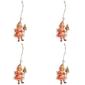 4PK Urban Yesteryear Girls Metal Hanging Christmas Decoration 11cm Pink Assorted