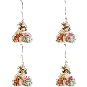 4PK Urban Yesteryear Girls with Presents Metal Hanging Decor 11cm Pink Assorted