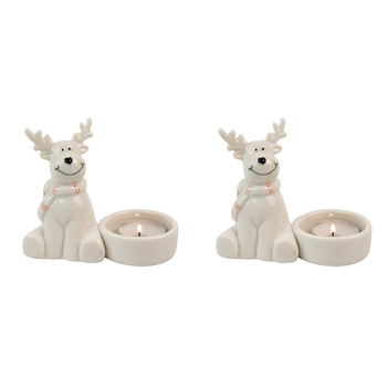 2x Urban Cute Reindeer 9cm Ceramic Tealight Holder Candle Home Decor - White