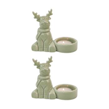 2x Urban Cute Reindeer 9cm Ceramic Tealight Holder Candle Home Decor - Sage