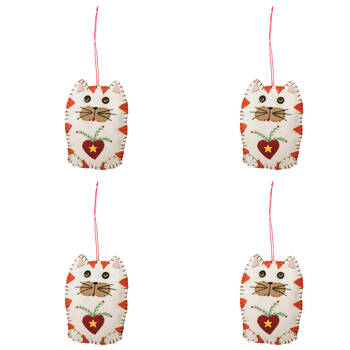 4PK Urban Round Christmas Cats Fabric Hanging Decor 11cm White/Brown Assorted