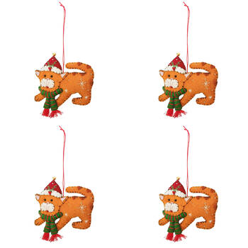 4PK Urban Playful Christmas Cats Fabric Hanging Decor 10cm Grey/Orange Assorted