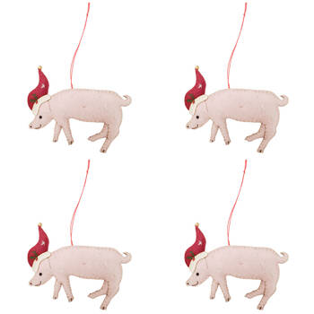 4PK Urban Wool Felt Christmas Pig Fabric Hanging Decoration 12cm Pink/Red