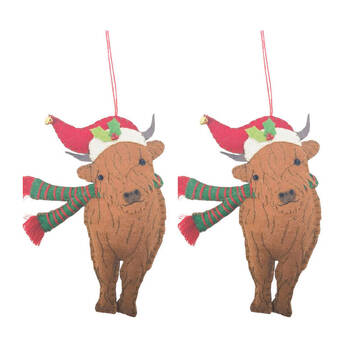 2PK Urban Highland Cow Fabric Hanging Christmas Decoration 16cm Brown